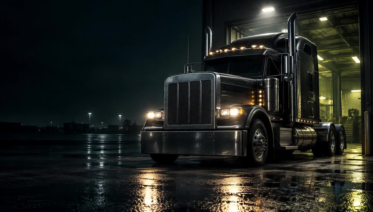 Cinematic illustration of a semi-truck outside a workshop at night